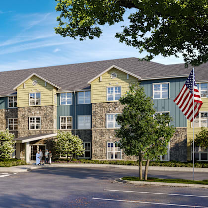 A red car is parked in front of a building with a flag on it. at Bretton Woods II Apartments, Ohio, 43231
