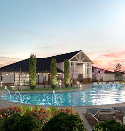 A beautiful outdoor scene with a pool, lounge chairs, and a house in the background.