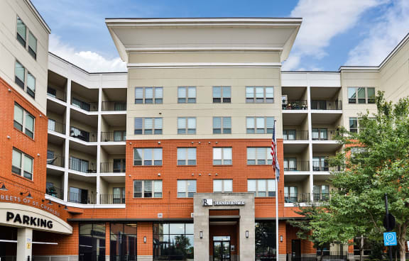 Front outdoor building at Residences at The Streets of St. Charles Apartments in Missouri, 63303