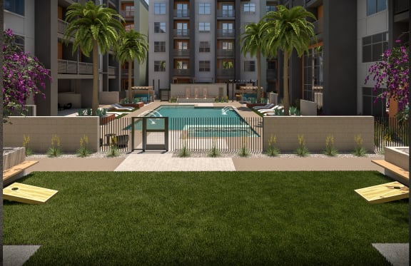 a rendering of a pool in an apartment building with palm trees