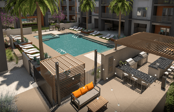 a rendering of a pool at a hotel with chairs and umbrellas