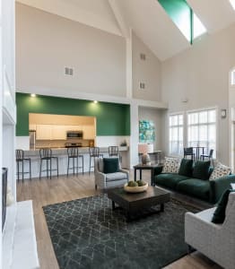 a living room with couches and chairs and a kitchen