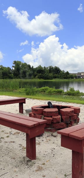 a picnic area with benches and a fire pit near a lake
