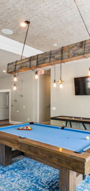 a games room with a pool table and a flat screen tv
