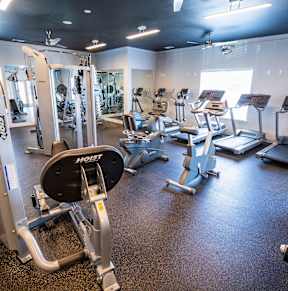 A gym with a variety of equipment including treadmills, weight machines, and a rowing machine.