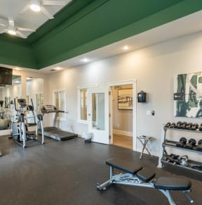 a gym with exercise equipment and a painting on the wall