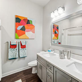 A bathroom with a white counter top and a mirror above it.