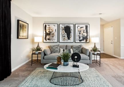 a living room with a couch and a coffee table