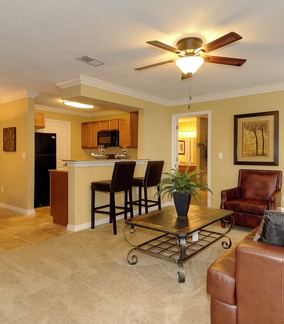 a living room and kitchen with a ceiling fan
