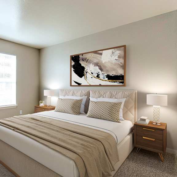 A bedroom with a large bed, a potted plant, and a painting on the wall.