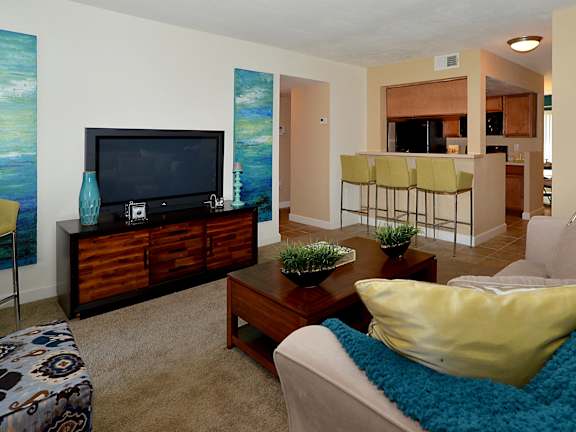A living room with a couch, a coffee table, and a television.
