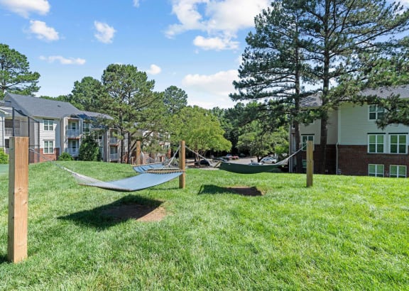 a yard with hammocks and houses in the background