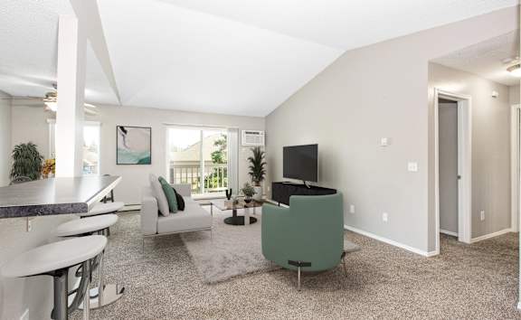 a living room with couches and chairs and a tv