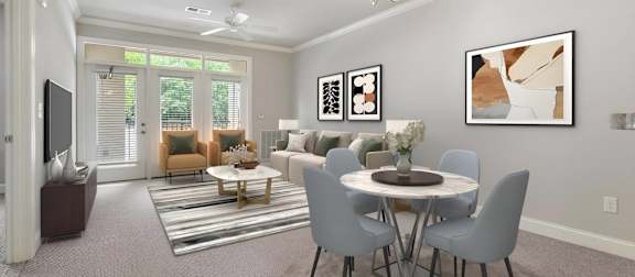 an open living room and dining room with a table and chairs at The Villagio Apartments, Fayetteville, NC, 28303