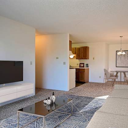 a living room with a couch and a coffee table and a television
