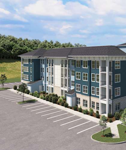 a rendering of a large apartment building in a parking lot at Tiffany Flats, Columbus, Ohio