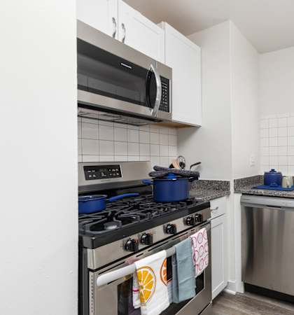A kitchen with a stove, microwave, and dishwasher.