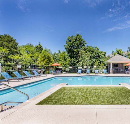 A large swimming pool surrounded by lawn chairs and trees.