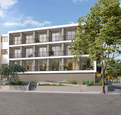 a rendering of an apartment building on a city street