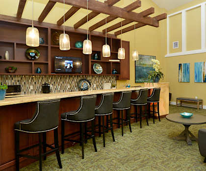 a living room with a bar and a couch