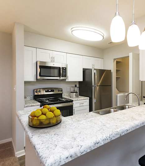 Modern apartment kitchen at Palmetto Place Apartments in Taylors, SC