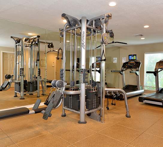 a home gym with weights and cardio equipment