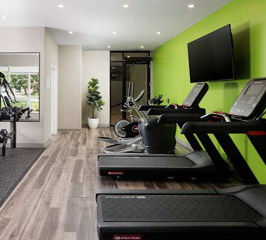 a gym with treadmills and weights and a tv on the wall