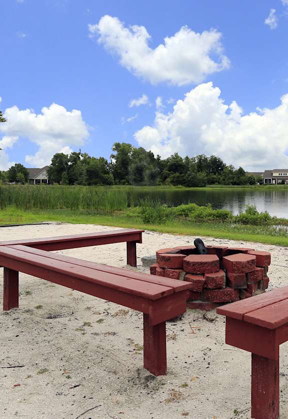 a picnic area with benches and a fire pit near a lake