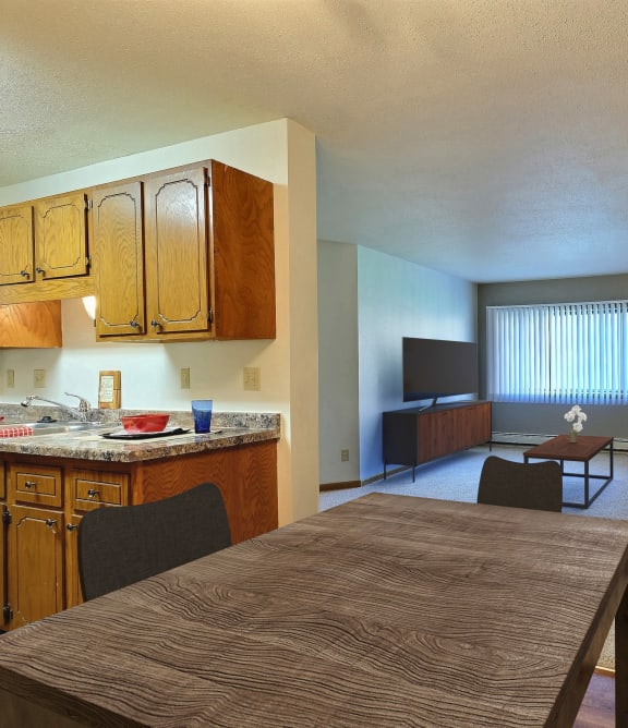 a living room and dining room with a table and a couch