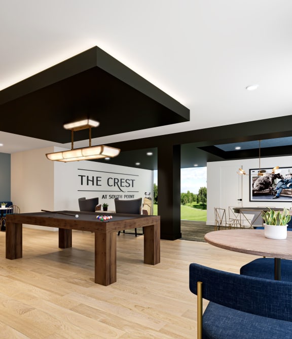 a rendering of a game room with a pool table at The Crest at South Point, McDonough