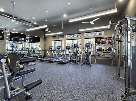 a gym with cardio equipment and weights on the floor at North Creek, Hutto, 78634