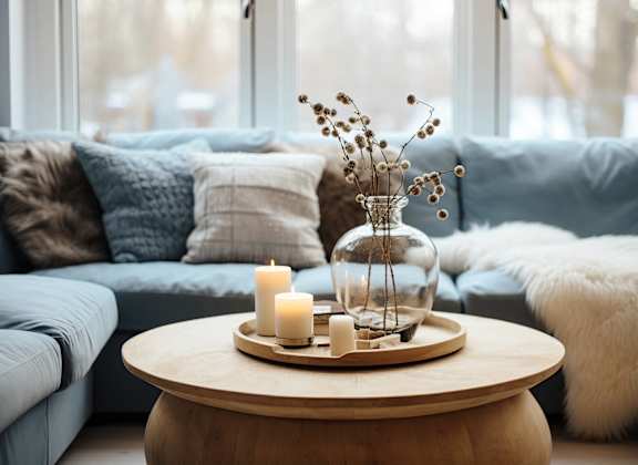 a living room with a table with a vase with flowers and candles on it  at Wellington Farms, North Carolina