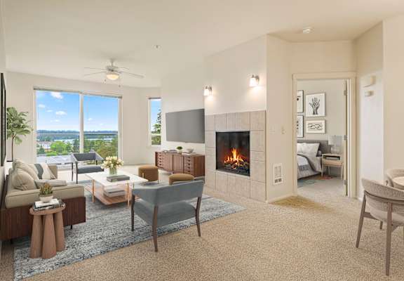 A living room with a fireplace and a television.