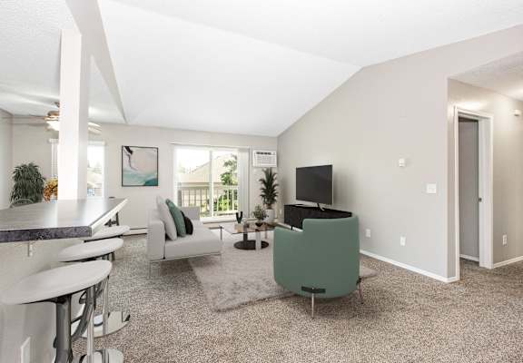 a living room with couches and chairs and a tv