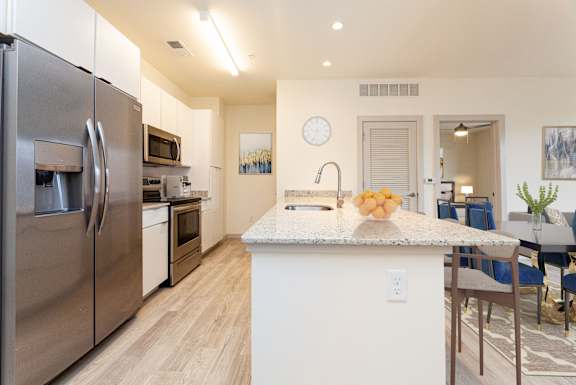a kitchen with stainless steel appliances and a marble counter top