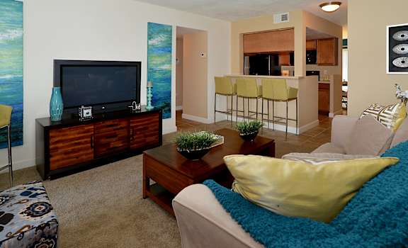 A living room with a couch, a coffee table, and a television.