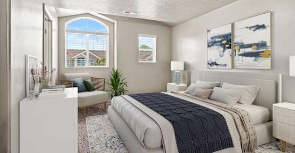 an open bedroom with a bed and a window