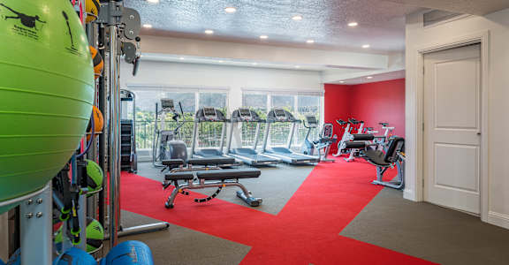 A gym with a red carpet and a green exercise ball.