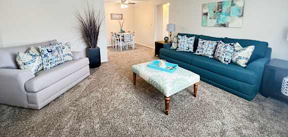 A living room with a grey couch, a blue couch, a wooden coffee table, and a rug.