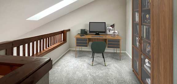 A room with a desk and a chair.