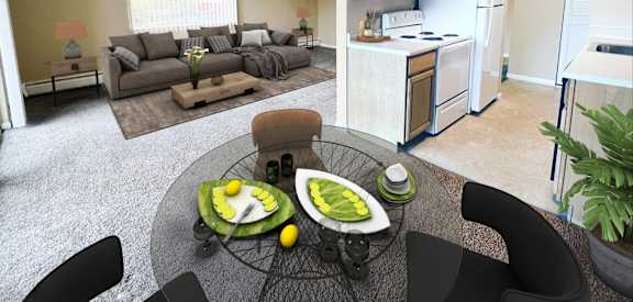 a living room and kitchen with a table and chairs at Crown Pointe Apartments, Kentucky, 41014