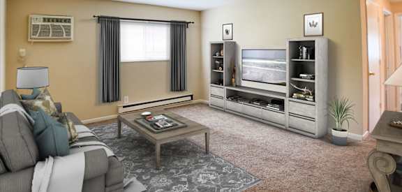a living room with a couch and a coffee table at Crown Station Apartments, Amelia