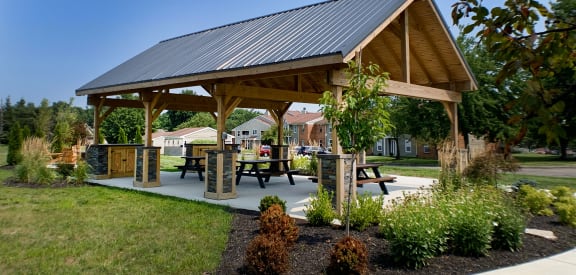 a pavilion with picnic tables in a park