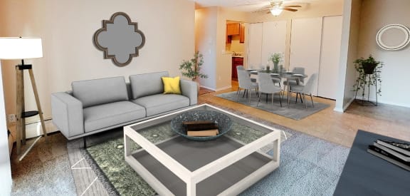 a living room with a couch and a table