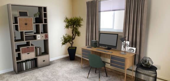 a home office with a desk and a computer