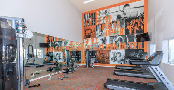 a workout room with cardio equipment and a large wall mural of the gymnasium