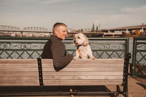 Man Sitting on Park Bench in front of river with dog on leash