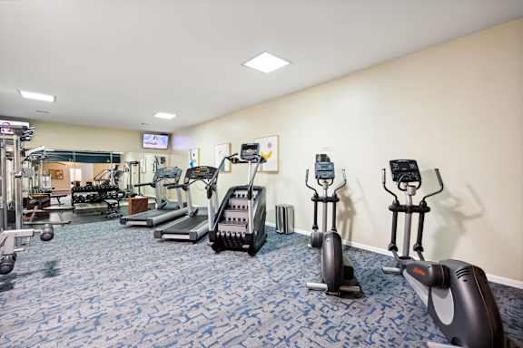 a gym with various cardio equipment in a room with a blue rug