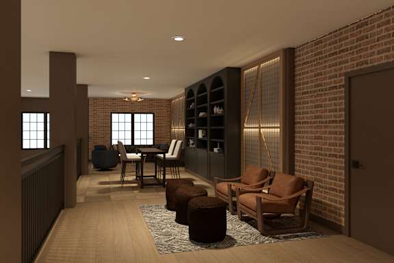 A living room with a brick wall and wooden furniture.