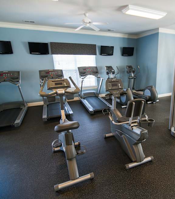 A gym with a variety of equipment including treadmills, elliptical machines, and weight machines.